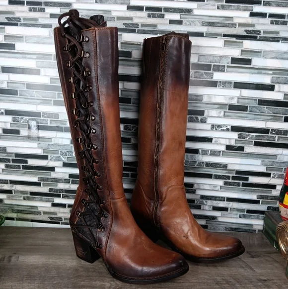 Freebird Wyatt 8M Cognac Brown Leather Knee-High Lace Up Granny Boots Rare New - Picture 1 of 16